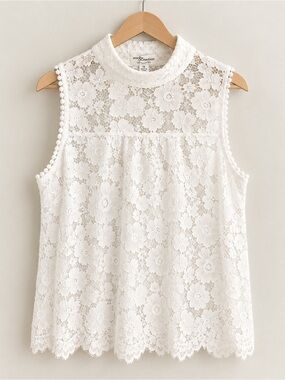 Eve & Madison White Lace Mock Neck Sleeveless Top
